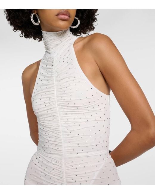 Alex Perry White Crystal-Embellished Ruched Maxi Dress