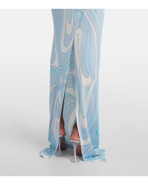 Emilio Pucci Blue Marmo Halterneck Satin Jersey Maxi Dress