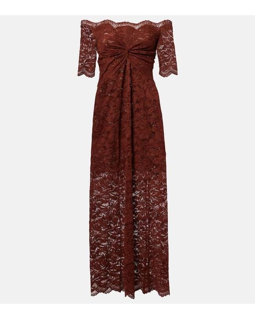 Rabanne Red Off-Shoulder Lace Maxi Dress