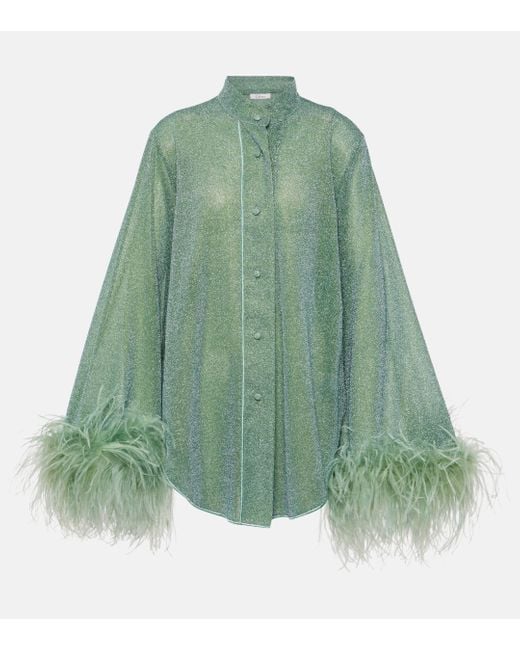 Oseree Green Lumiere Plumage Feather-Trimmed Lame Shirt