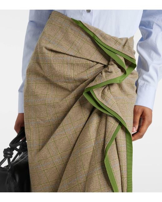 Dries Van Noten Green Prince Of Wales Draped Midi Skirt