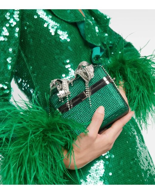 Self-Portrait Green The Bow Embellished Satin Shoulder Bag