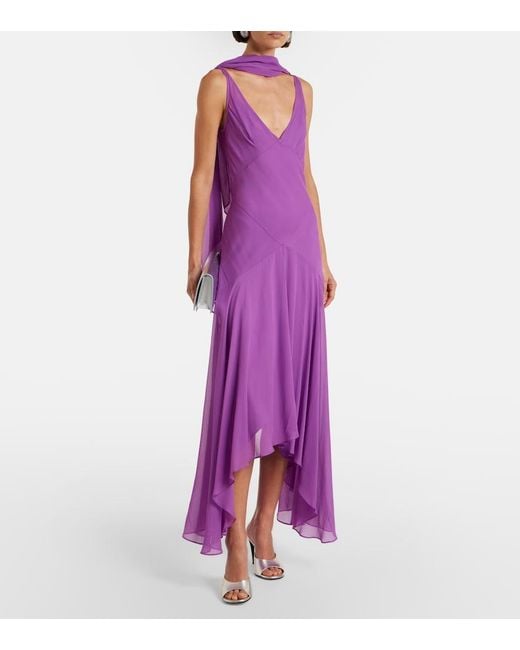 De La Vali Purple Mystica Asymmetric Georgette Midi Dress