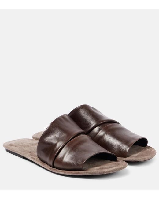 Brunello Cucinelli Brown Ruched Leather Slides