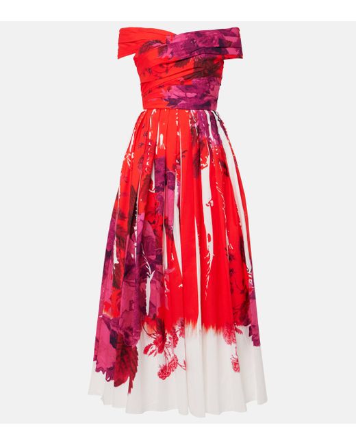Erdem Red Off-shoulder Cotton Faille Midi Dress