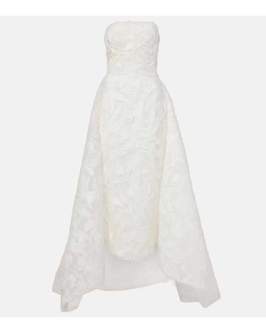 Monique Lhuillier White Bridal Floral Jacquard Bustier Dress