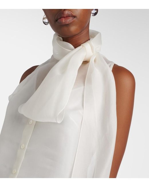 Carolina Herrera White Tie-Neck Silk Top