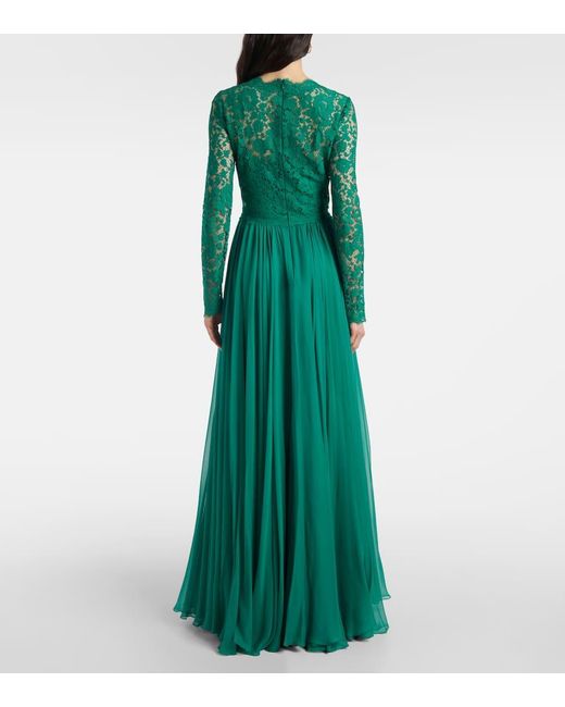 Dolce & Gabbana Green Long Chiffon And Lace Dress