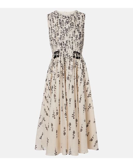 Max Mara Natural Embellished Floral Cotton Voile Midi Dress
