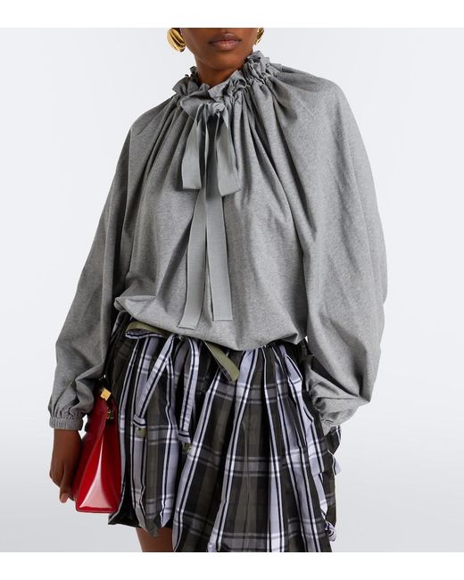 Patou Gray Bow-Detail Gathered Cotton Jersey Top