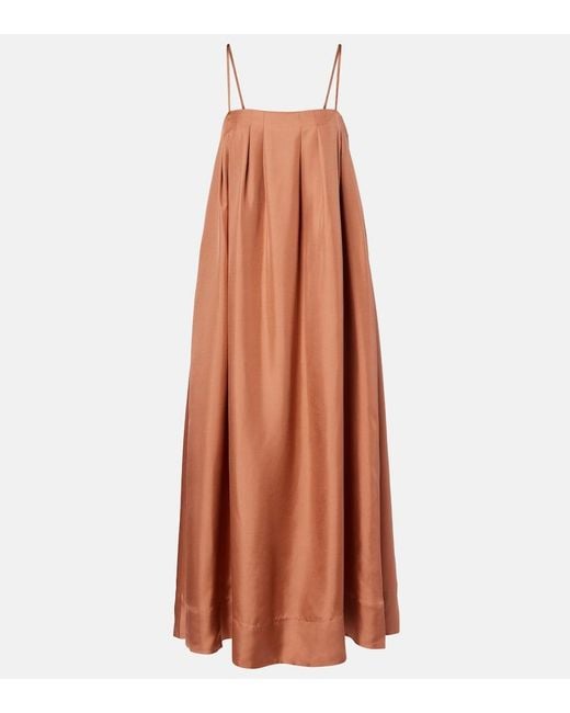 Asceno Orange Heather Pleated Silk Twill Maxi Dress
