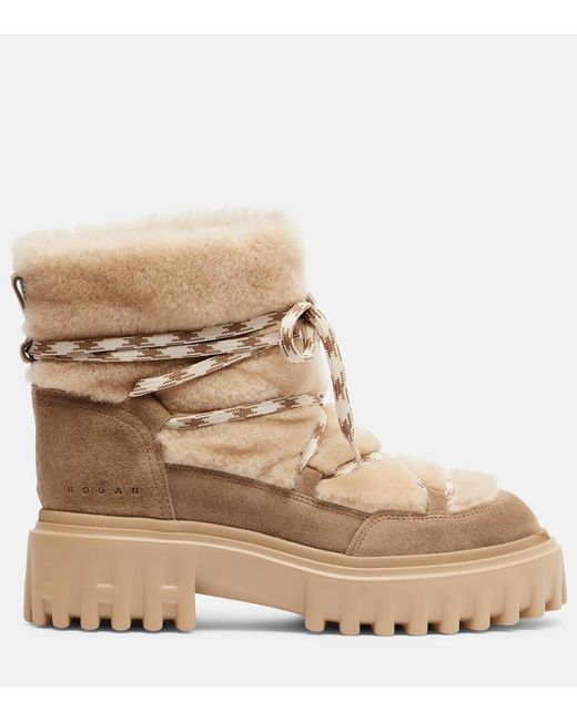 Hogan Natural Shearling And Suede Ankle Boots