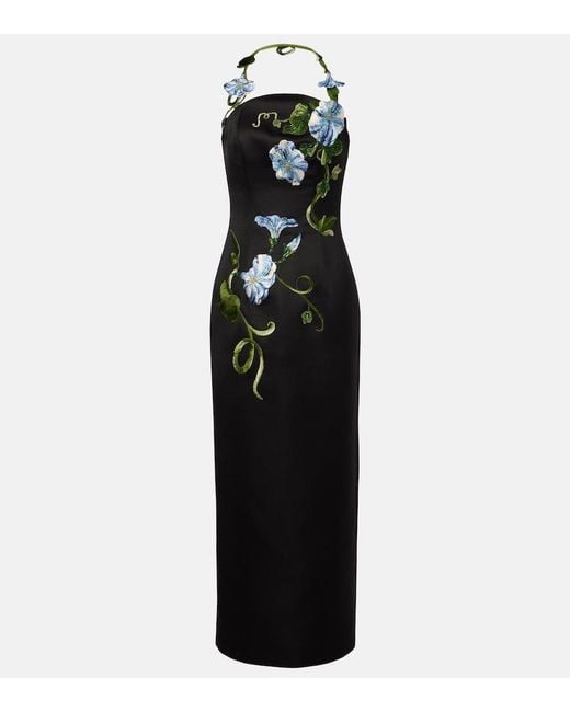 LEO LIN Black Floral-Applique Halterneck Gown
