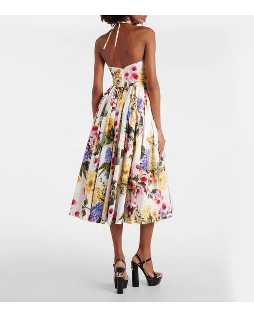 Robe Midi Dos Nu En Popeline De Coton À Imprimé Fleuri Et À Fronces Dolce & Gabbana en coloris White