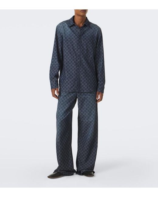 Gucci Blue Gg Cotton Chambray Jacquard Wide-Leg Pants for men