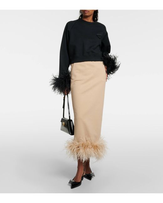 Prada Natural Feather-trimmed Cotton Midi Skirt