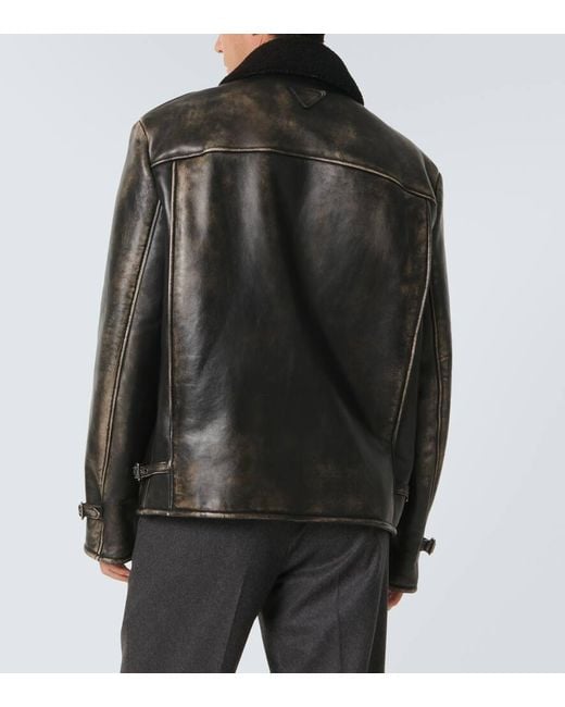 Prada Black Shearling-Trimmed Leather Jacket for men