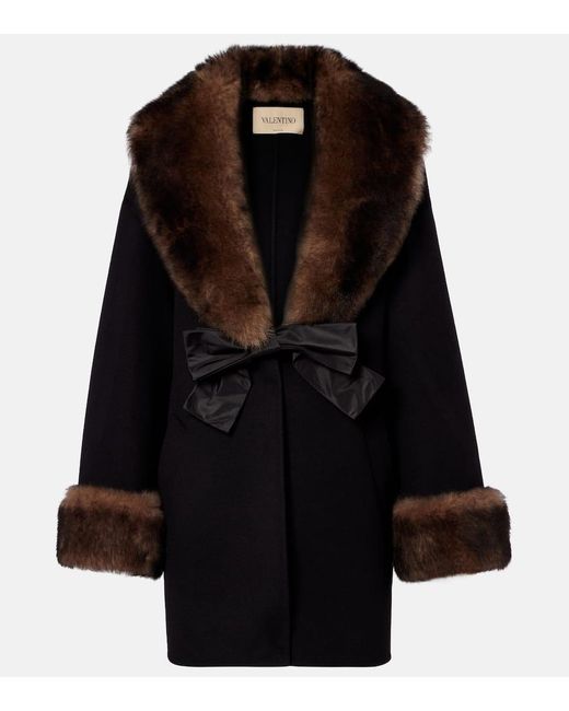 Valentino Black Shearling-Trimmed Wool And Cashmere Peacoat