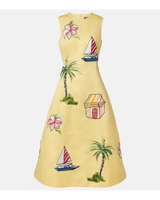 LEO LIN Yellow Beaded Patch-Applique Midi Dress