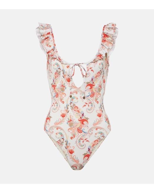 Etro White Ruffled Paisley Swimsuit