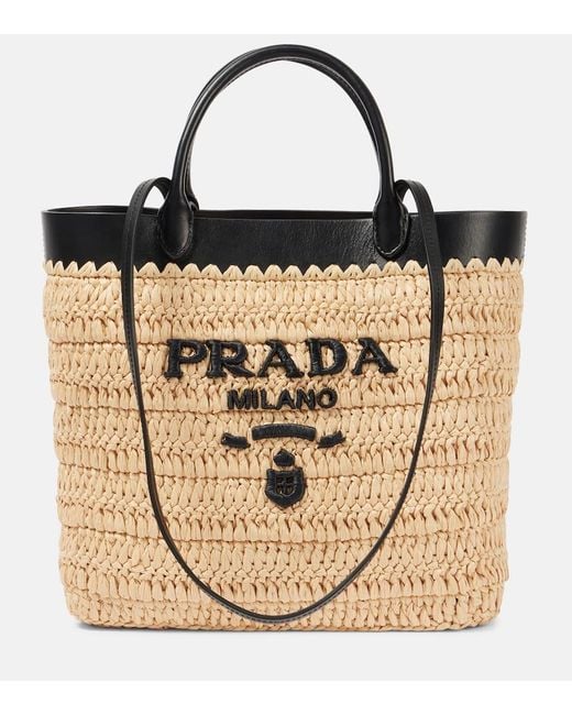 Prada Natural Small Logo Raffia-Effect Tote Bag