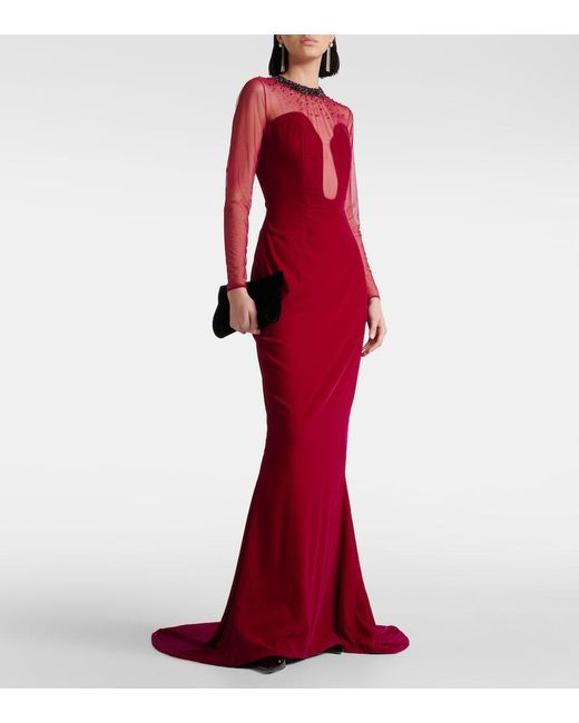 Miss Sohee Red Embellished Cotton-Blend Velvet Gown