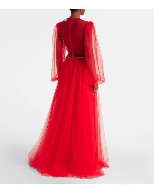 Costarellos Red Floral Applique Tulle Gown