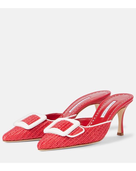 Manolo Blahnik Red Maysale 70 Leather-Trimmed Raffia Mules