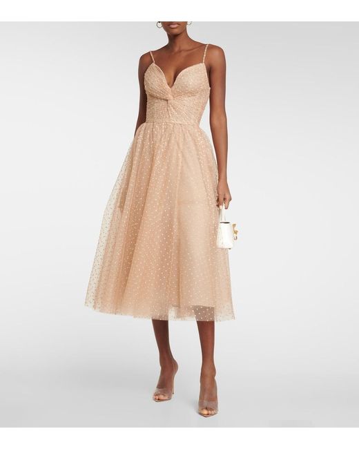 Monique Lhuillier Natural Crystal Tulle Silk-lined Cocktail Dress