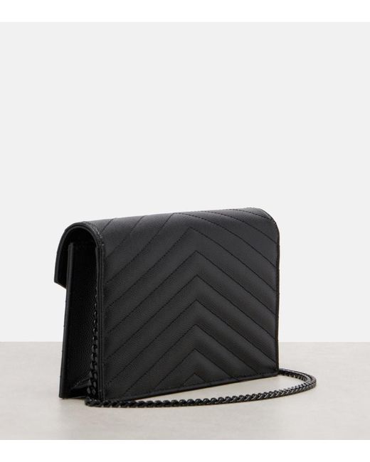 Saint Laurent Black Cassandre Envelope Small Leather Wallet On Chain