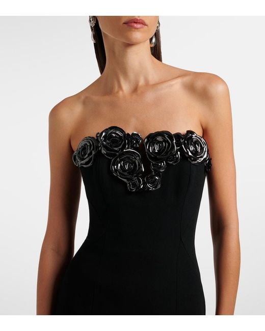 Rachel Gilbert Black Mirage Floral-Applique Bustier Gown