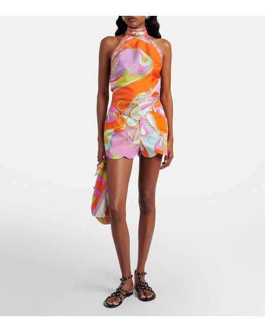 Emilio Pucci Orange Orchidee Halterneck Silk Twill Top