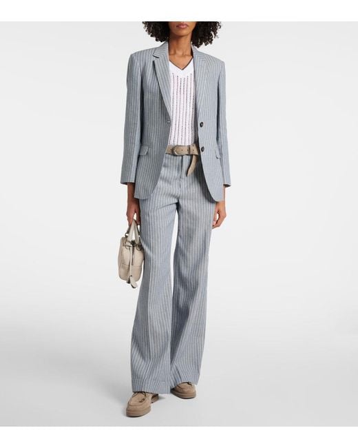 Brunello Cucinelli Blue Pinstripe Linen, Cotton, And Hemp Blazer