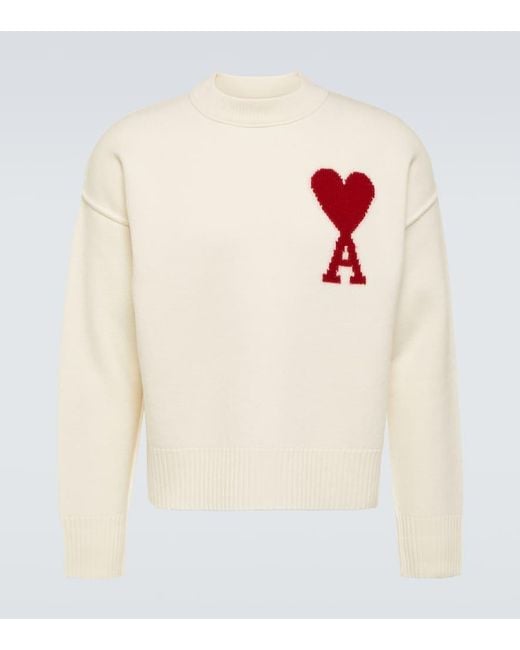 AMI White Ami De Cour Wool Sweater for men