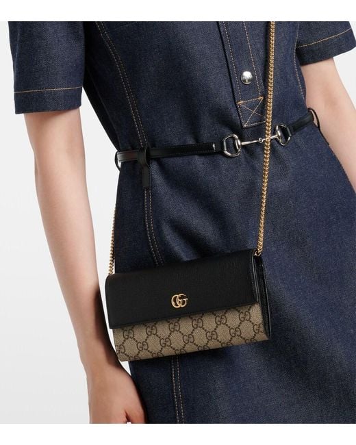 Gucci Black Gg Marmont Leather-Trimmed Wallet On Chain