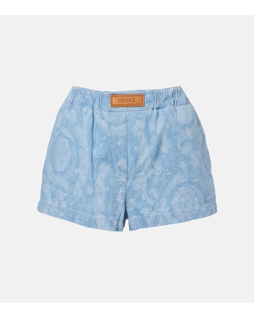 Versace Blue Barocco Denim Chambray Shorts