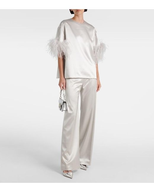 Valentino White Feather-Trimmed Silk Satin Top