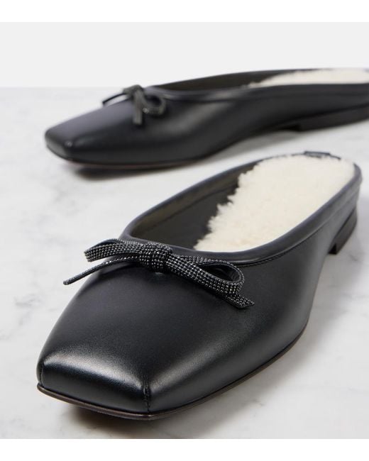 Brunello Cucinelli Black Monili Shearling-Lined Leather Mules
