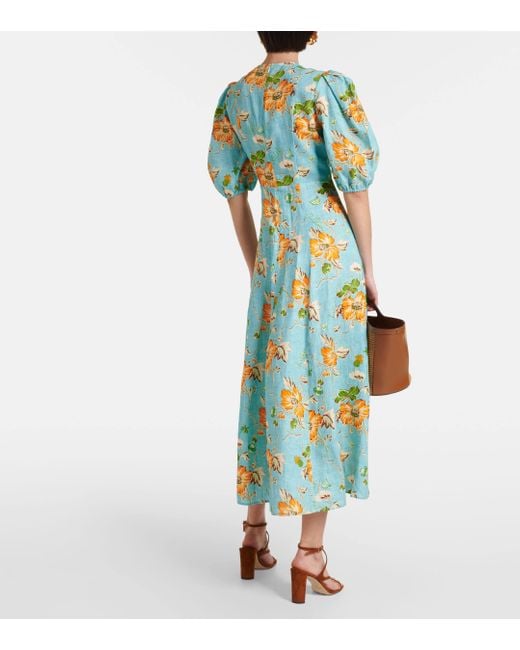 ALÉMAIS Blue Floral Puff-sleeve Linen Midi Dress