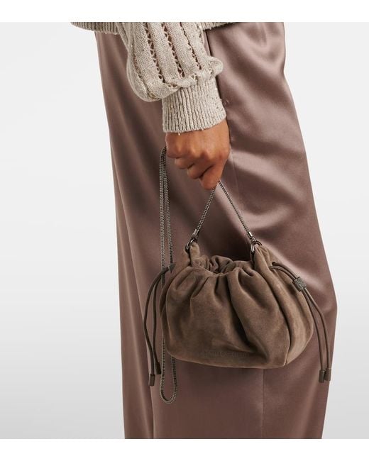 Brunello Cucinelli Brown Schultertasche Softy Small Aus Veloursleder