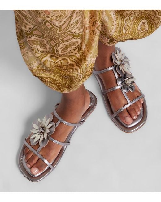 Zimmermann White Floral-Applique Metallic Leather Sandals