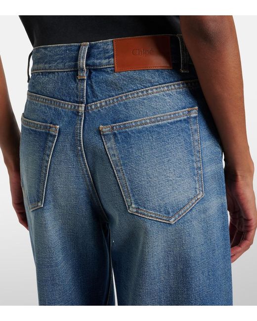 Chloé Blue Distressed Cropped Wide-Leg Jeans