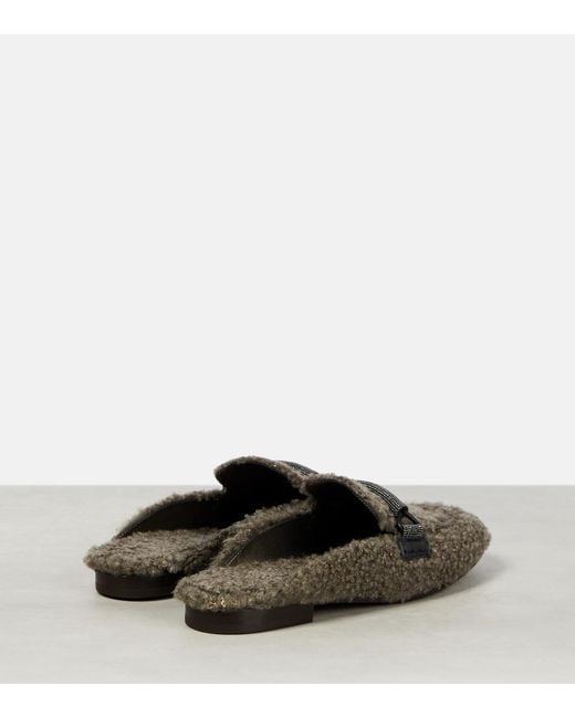 Brunello Cucinelli Brown Embellished Shearling Slippers
