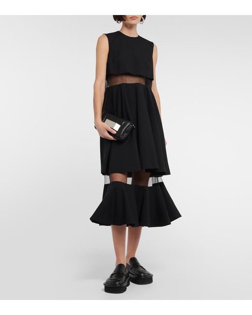 Noir Kei Ninomiya Black Mesh-Trimmed Wool Midi Dress