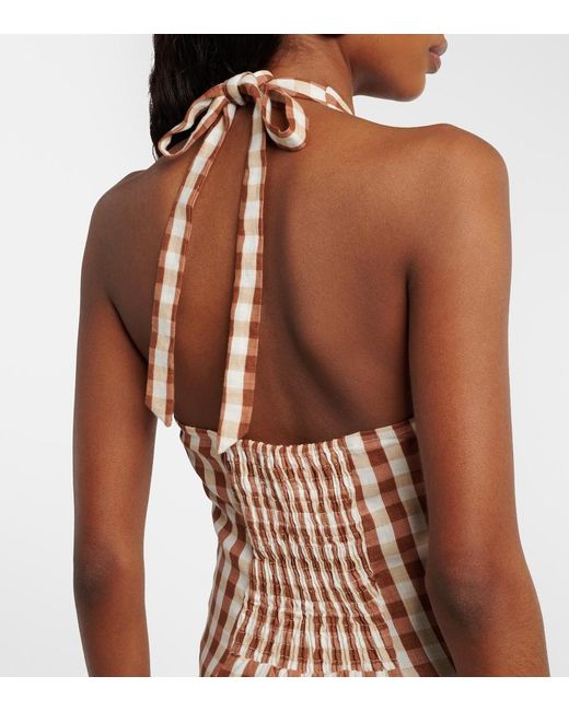 Faithfull The Brand Metallic Marais Gingham Halterneck Linen Midi Dress