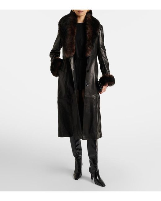 Nour Hammour Black Baez Shearling-Trimmed Leather Coat