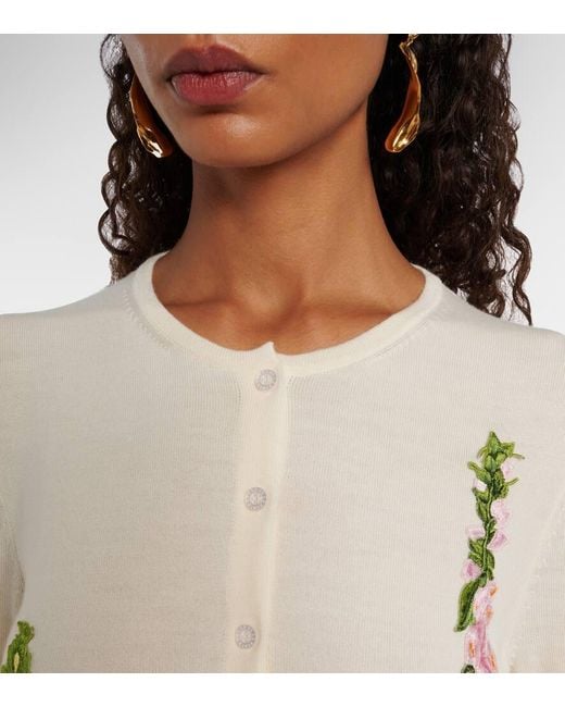 Oscar de la Renta Natural Foxgloves Embroidered Virgin Wool Cardigan