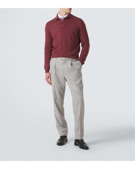 Brunello Cucinelli Gray Pinstripe Wool And Cashmere Tapered Pants for men