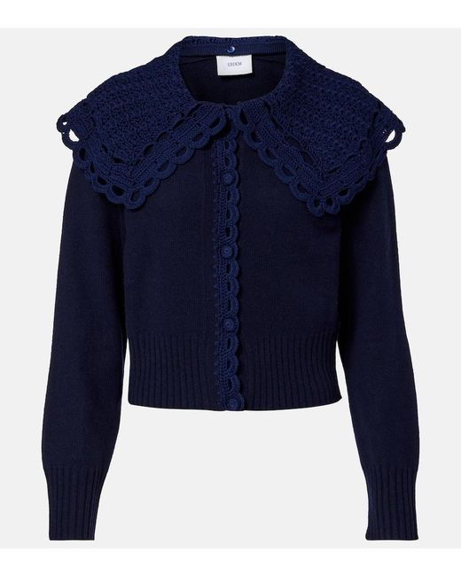 Erdem Blue Crochet-Trimmed Wool-Blend Cardigan