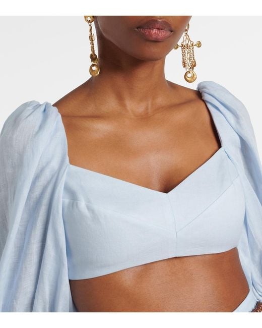 Zimmermann Blue Rhiannon Puff-Sleeve Linen Crop Top
